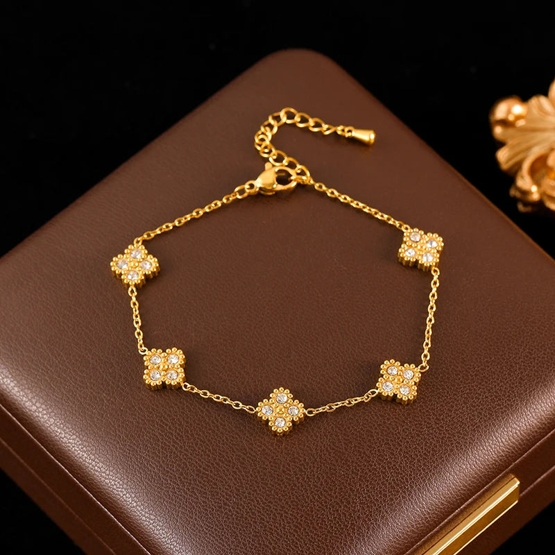 GANEMLY 316L Stainless Steel Flower Zirconia Bracelet Necklace Earrings Set Charm Metal Texture 18K Gold Plated Jewelry Women