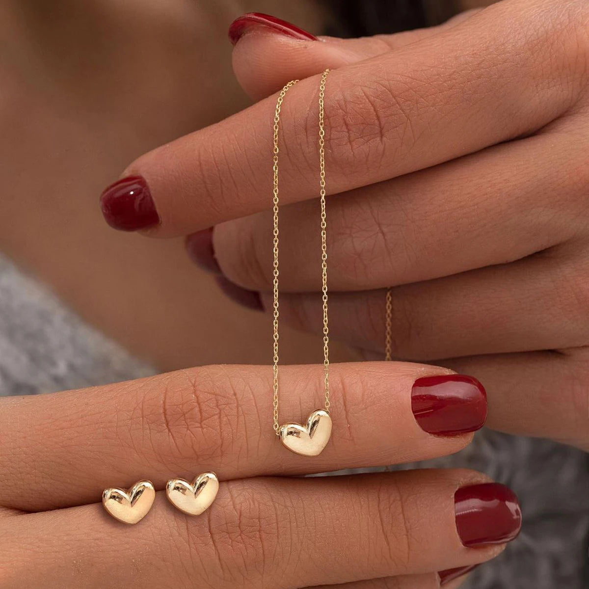 Boho Chic Gold Color Heart Necklace & Stud Earring Set