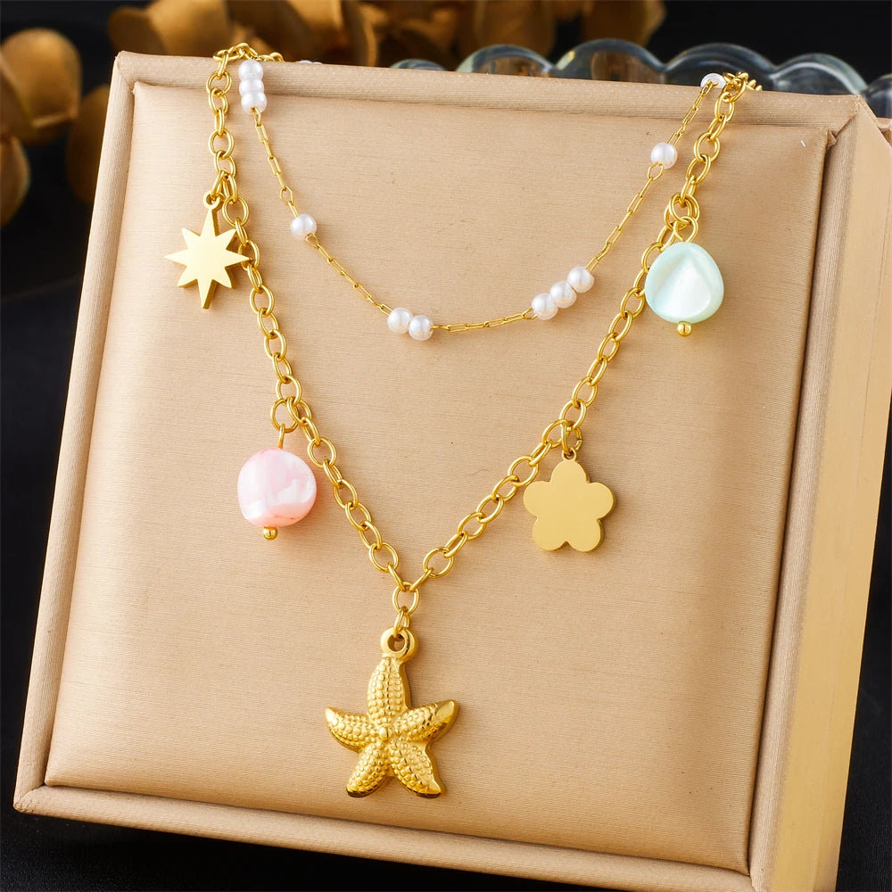 DIEYURO 316L Stainless Steel Golden Heart Sun Multiple Pendants Necklace Women New Fashion Marine Style Neck Chain Jewelry Gift
