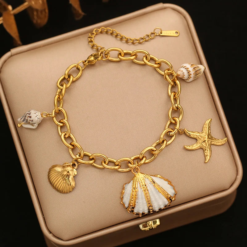 EILIECK 316L Stainless Steel Beach-Style Shells Starfish Bracelet Bangle For Women Trendy Waterproof Hand Chain Jewelry Gift