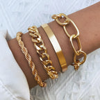 Simple Punk Chunky Chain & Dainty Boho Charm Bracelet Set, 4 Pcs/Set