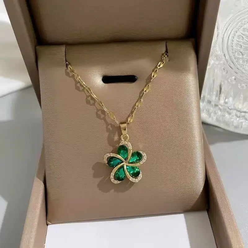 EILIECK 316L Stainless Steel Green Cubic Zircon Flower Pendant Necklace for Women Luxury Temperament Neck Chain Fashion Jewelry
