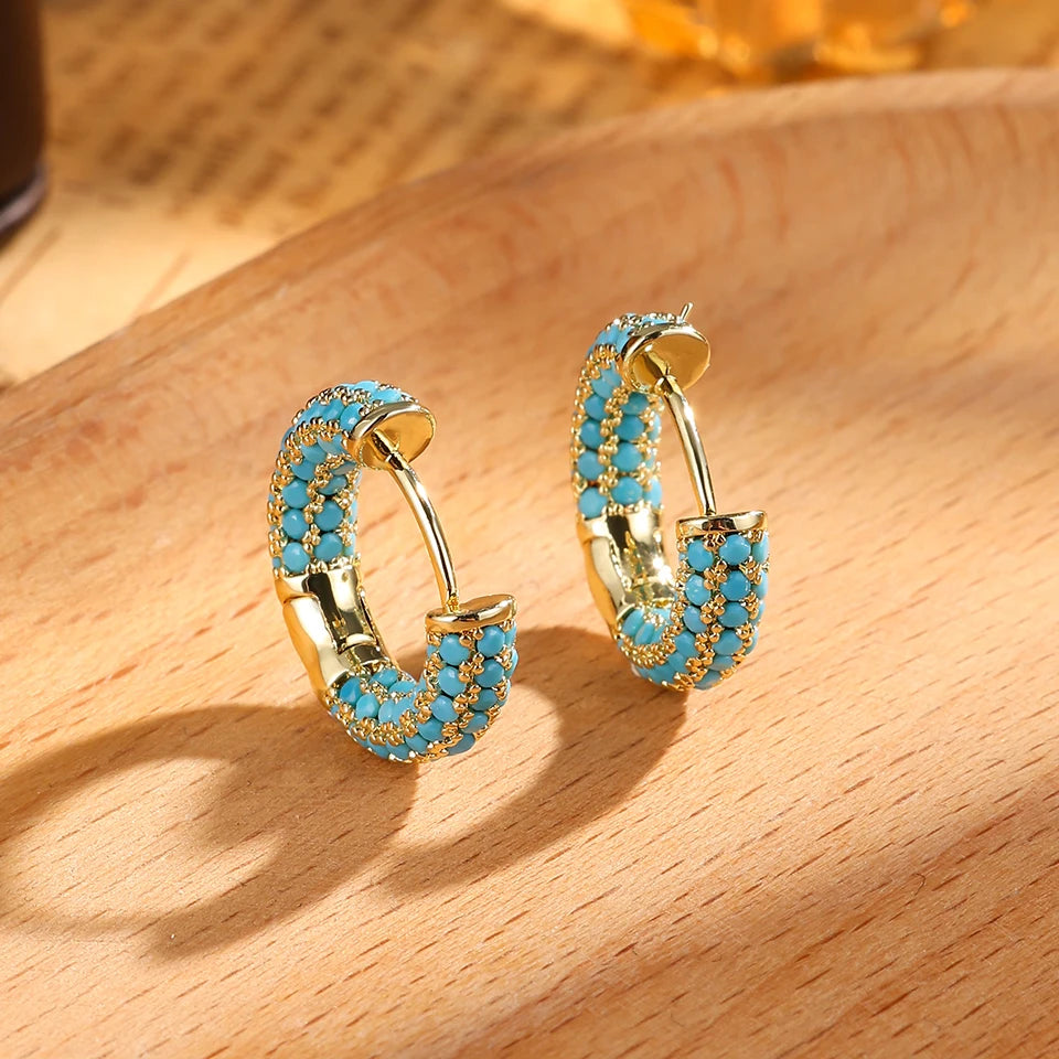 Luxury Gold-Color Plated Turquoise & Micro-Inlaid Blue Zircon Hoop Earrings