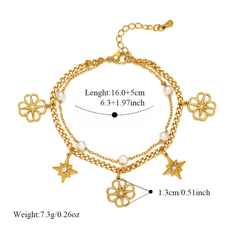 EILIECK 316L Stainless Steel Flowers Stars Charms Bracelets for Women Trendy Layered Pearl Chain Bangles Gold Color Jewelry Gift
