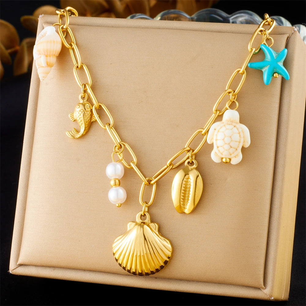 DIEYURO 316L Stainless Steel Golden Heart Sun Multiple Pendants Necklace Women New Fashion Marine Style Neck Chain Jewelry Gift
