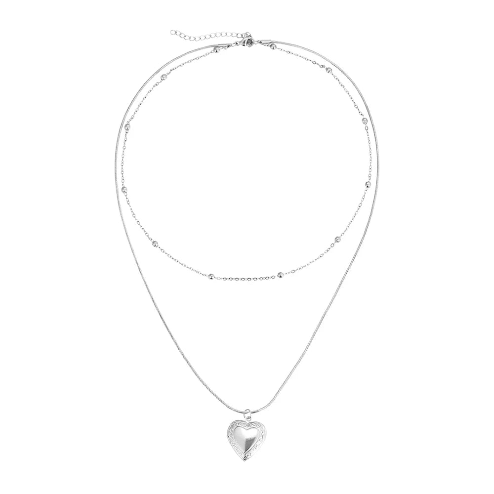 1pc Double-layer Heart Locket Necklace,Openable Photo Pendant&Ball Chain,Elegant Aesthetic For Girls,Everyday&Party Accessories
