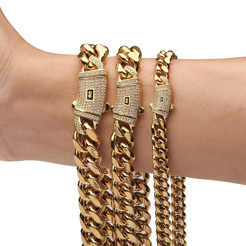 Gold Color Stainless Steel CZ Miami Cuban Chain Necklace