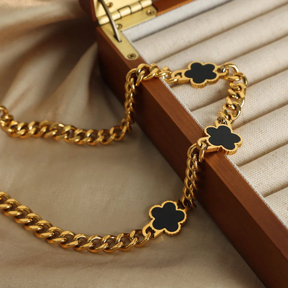 Stainless Steel New Hip Hop Plant Five Leaf Flower Set Shell Bracelet Necklace Women's Minimalist Cuban Chain Clover