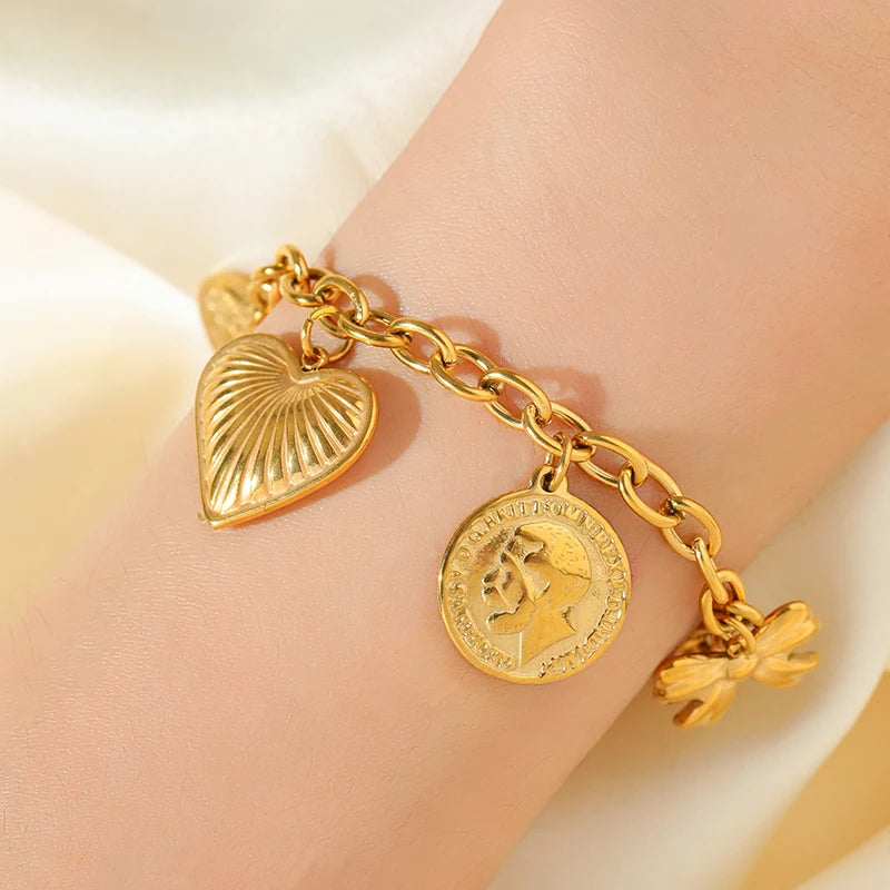 EILIECK 316L Stainless Steel Heart Sun Charm Bracelet Gold Color PVD Plated High Quality Waterproof Jewelry Hand Chain for Women