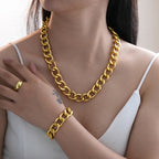 Punk Chunky Cuban Chain Necklace, Bracelet & Ring Jewelry Set, 3 Pcs/Set