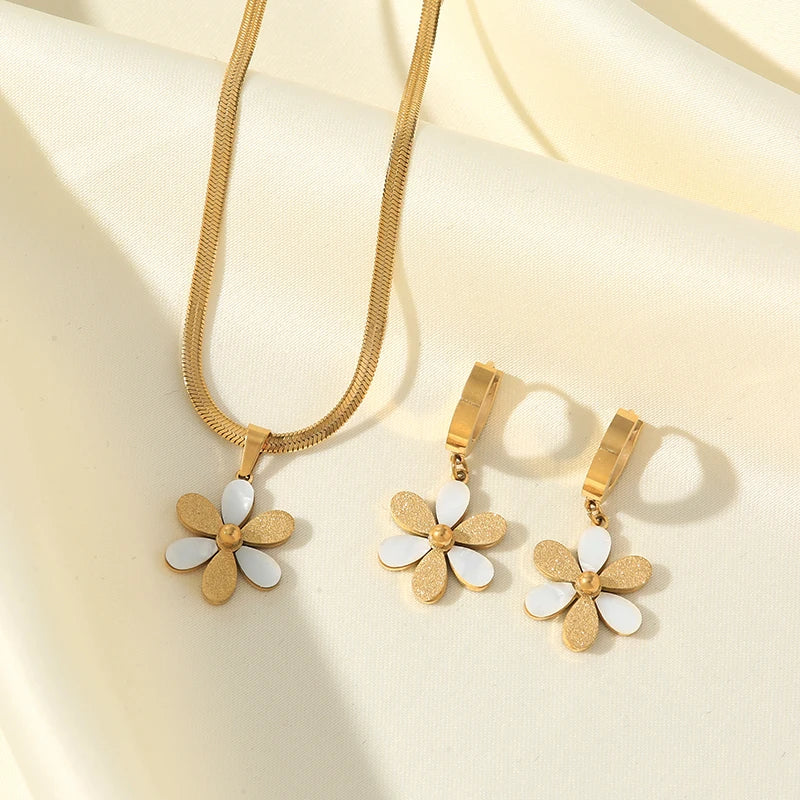 EILIECK 316L Stainless Steel Cute Flower Necklace Earrings Fashion Exquisite Waterproof Jewelry Set For Women Girl Charm Gift