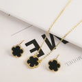 18K Gold Plated High Quality Simple Plant Five Leaf Flower Natural Stone Metal Pendant Necklace Earring Set Women's Clover