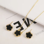 18K Gold Plated High Quality Simple Plant Five Leaf Flower Natural Stone Metal Pendant Necklace Earring Set Women's Clover