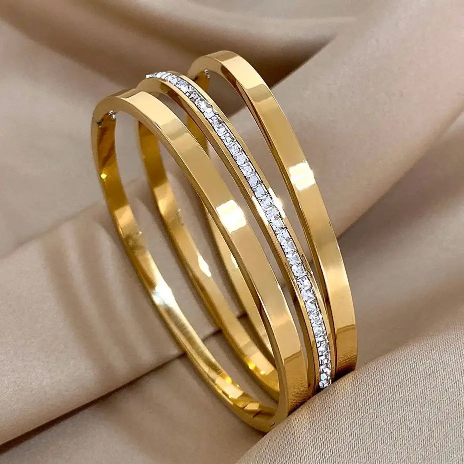 3pcs Glossy Rhinestone Stainless Steel Bangle Bracelet for Women Luxury Gold Silver Color Wristband Bracelet Waterproof Jewelry