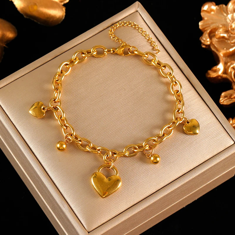 EILIECK 316L Stainless Steel Metal Heart Beads Charms Necklace Bracelet Set For Women Fashion Statement Waterproof Jewelry Gift