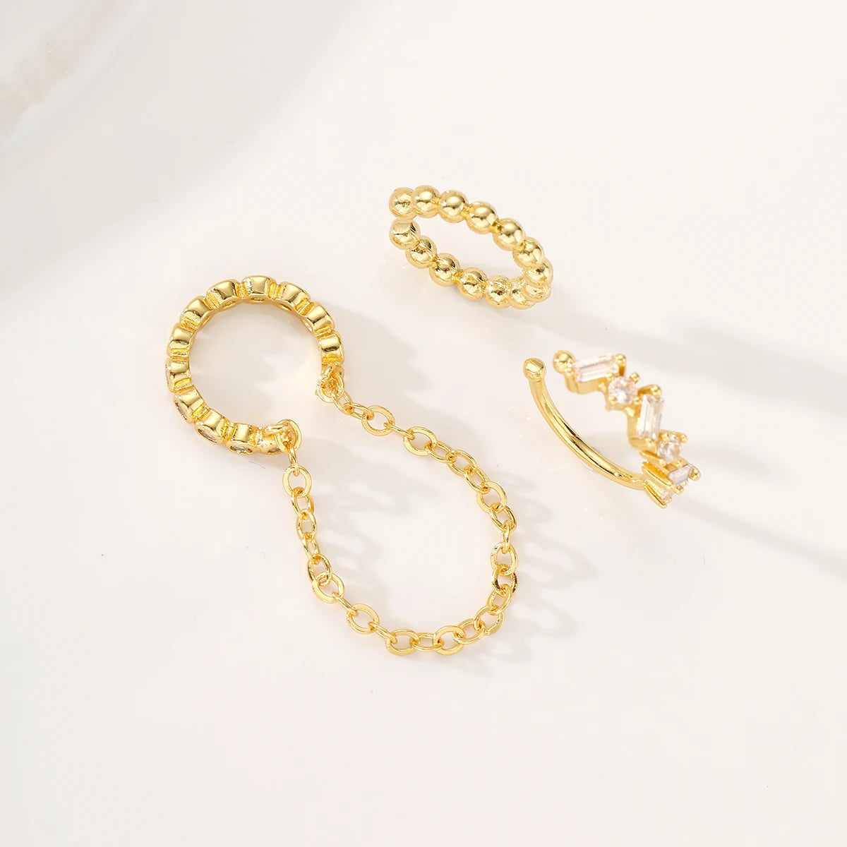 Dainty Zircon Gold-Plated Chain Ear Cuff Set, 3 Pcs/Set