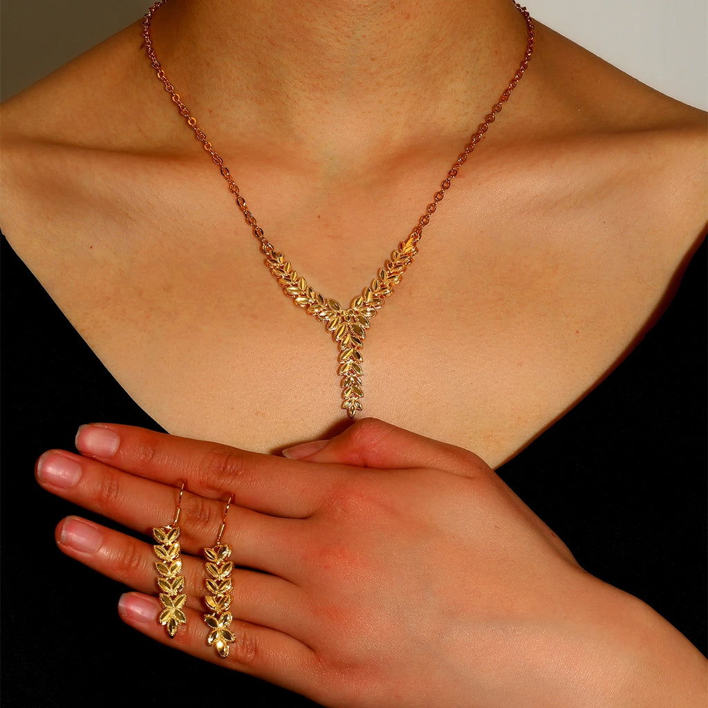 Middle East Fashion Elegant High Grade Copper Wheat Ear Pattern Fashion Women's Jewelry Set, 1 Necklace and 1 Pair of Earrings