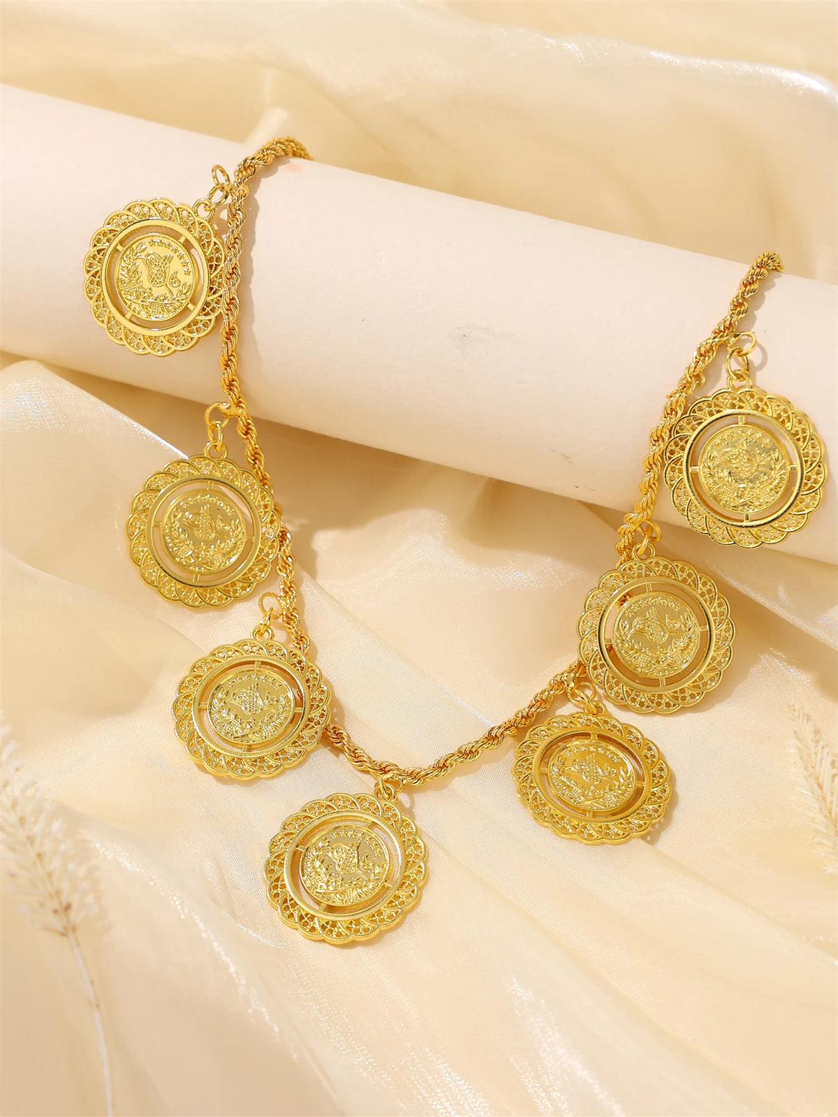 Moroccan Women's Necklace & Earrings Set Coin Design with Rhinestone Accents French Vintage Style for Weddings Banquets