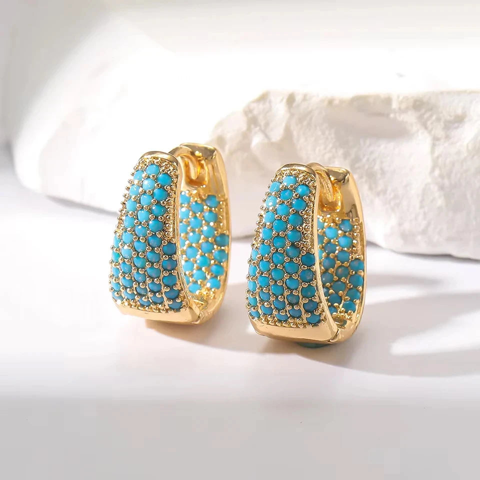 Luxury Gold-Color Plated Turquoise & Micro-Inlaid Blue Zircon Hoop Earrings