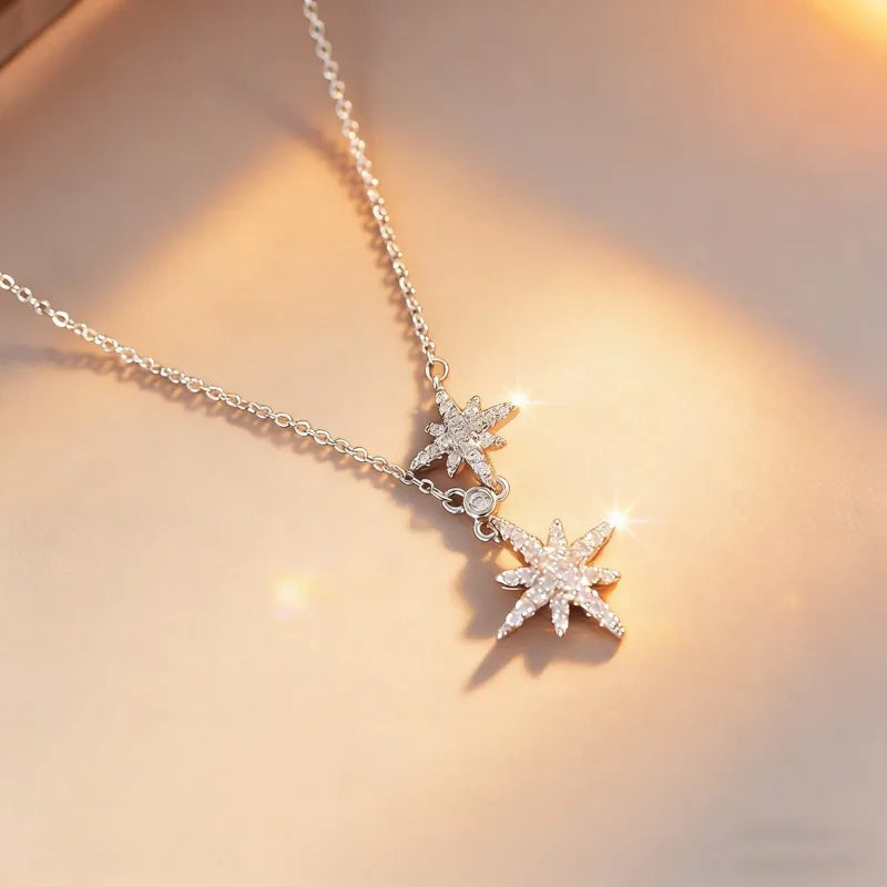 Collier de luxe léger en zircon double étoile à six branches transfrontalier européen et américain, incrusté de cuivre avec flash