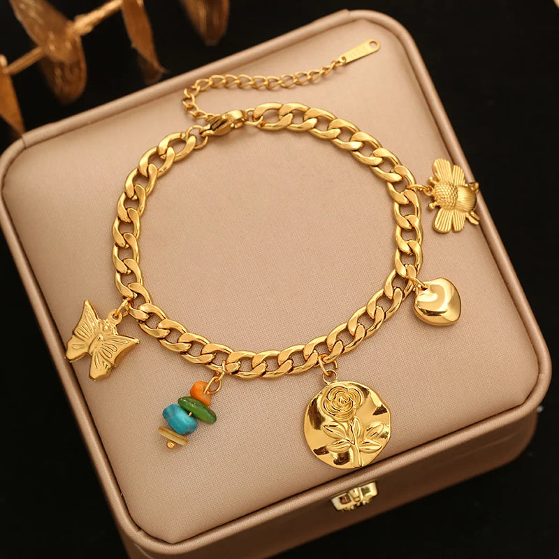 EILIECK 316L Stainless Steel Flowers Stars Charms Bracelets for Women Trendy Layered Pearl Chain Bangles Gold Color Jewelry Gift