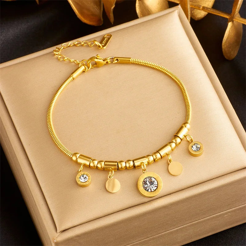 18K Gold Plated Roman Numeral Jewelry Set, CZ Charm Beaded Necklace & Bracelet, Stainless Steel Stackable Accessories