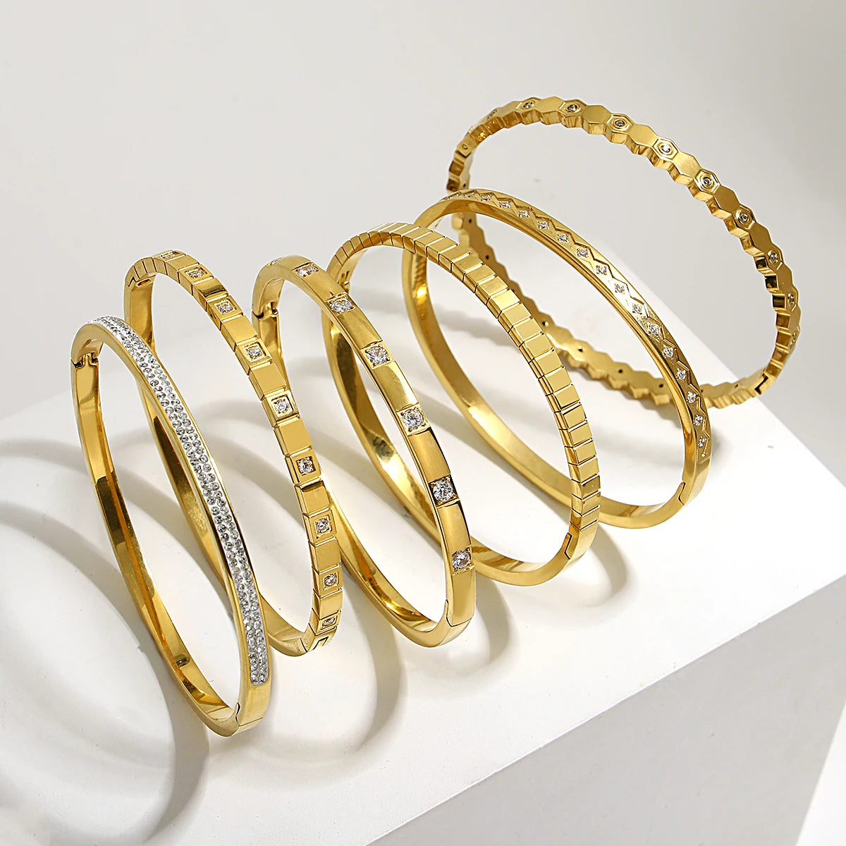 Trendy Gold-Plated 316L Stainless Steel Cubic Zirconia Bangle