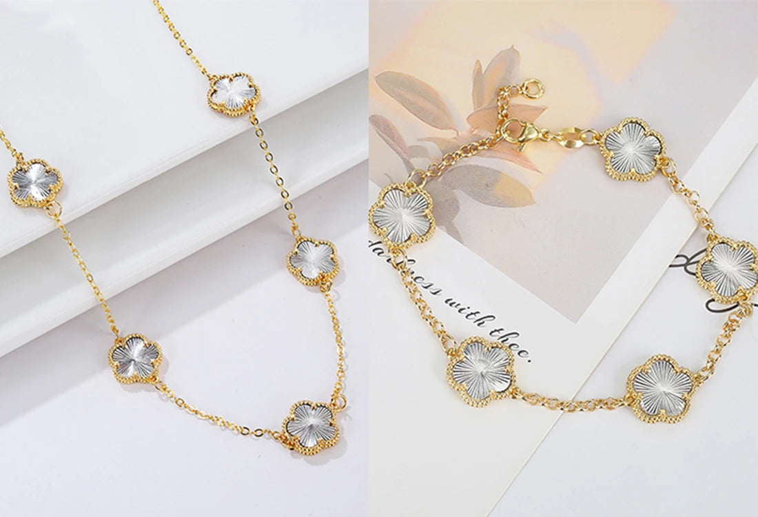 Hot Sale 14 Colors Five-Leaf Flower Set Bracelet Necklace Classic Simple Women Jewelry Set Suitable For Daily Party Wear Clover