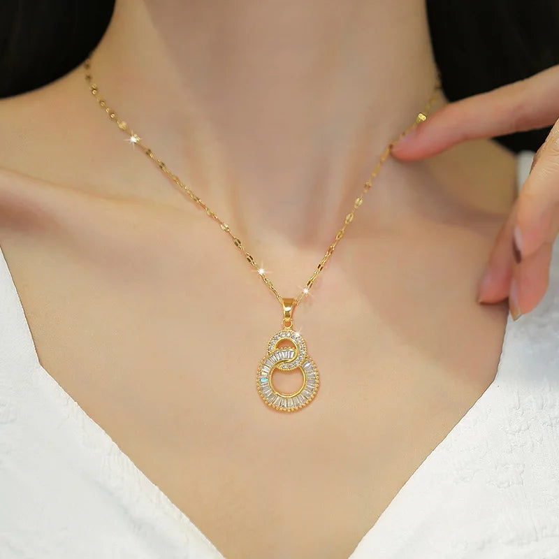 Classic Gold-Color Stainless Steel Shiny Zircon Geometric Heart Pendant Necklace