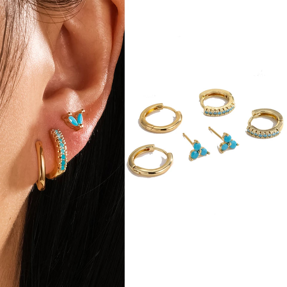 6-Piece Fashion Blue Turquoise & Shiny Zircon Hoop Earring Set