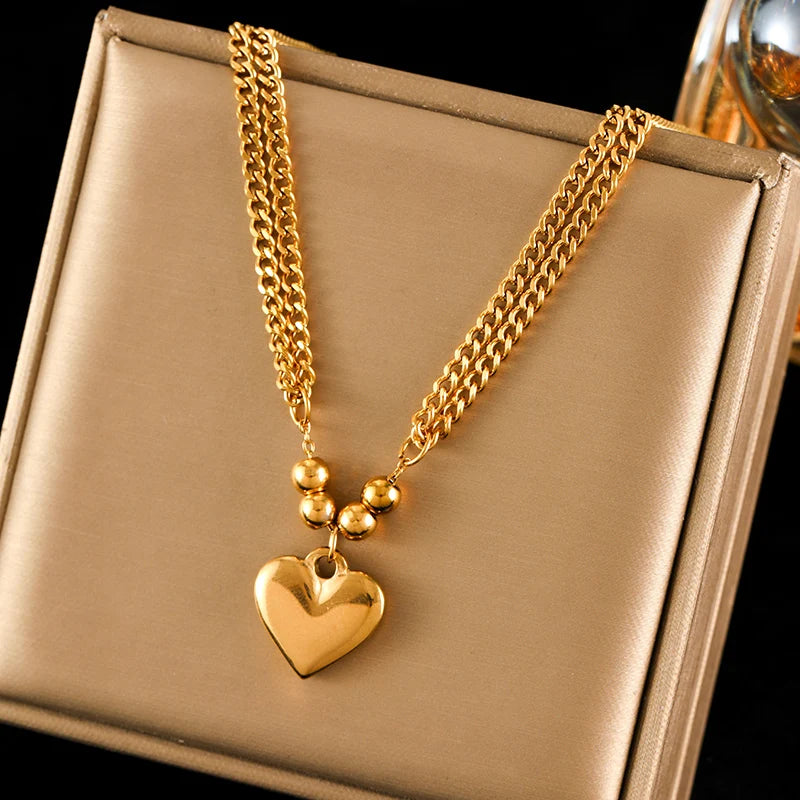 EILIECK 316L Stainless Steel Gold Color Smooth Heart Charm Necklace Bracelets Set For Women Trendy Waterproof Jewelry Lady Gift