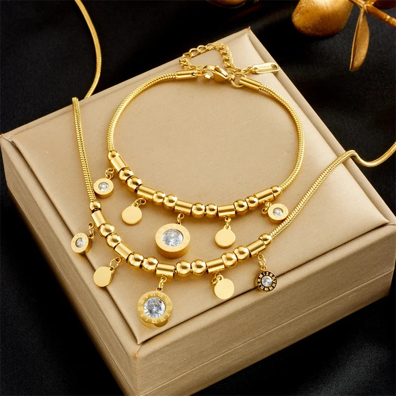 18K Gold Plated Roman Numeral Jewelry Set, CZ Charm Beaded Necklace & Bracelet, Stainless Steel Stackable Accessories