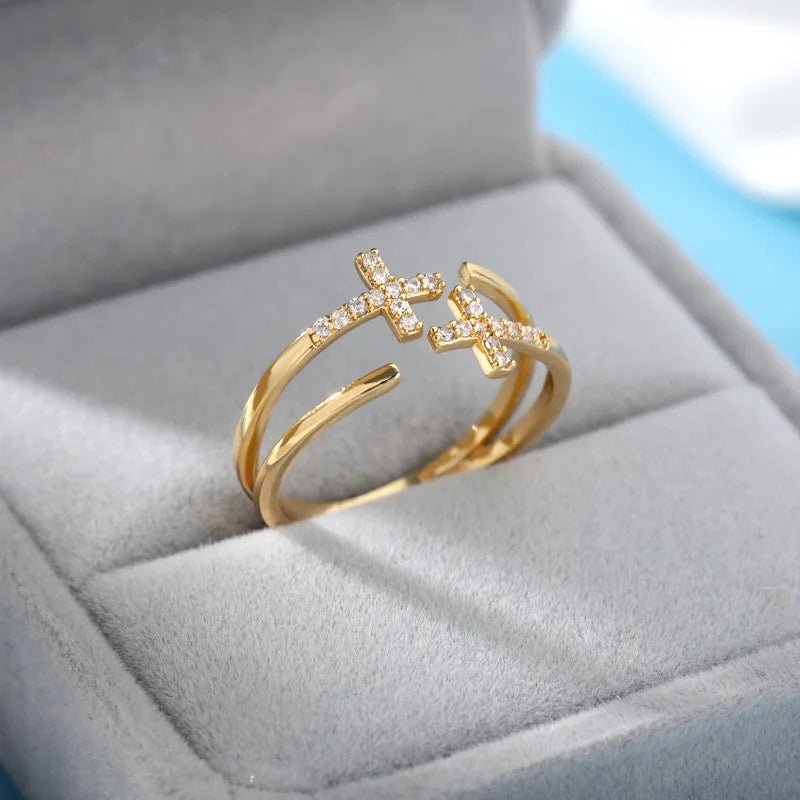 Gold-Plated Stainless Steel Crystal & Geometric Chain Ring