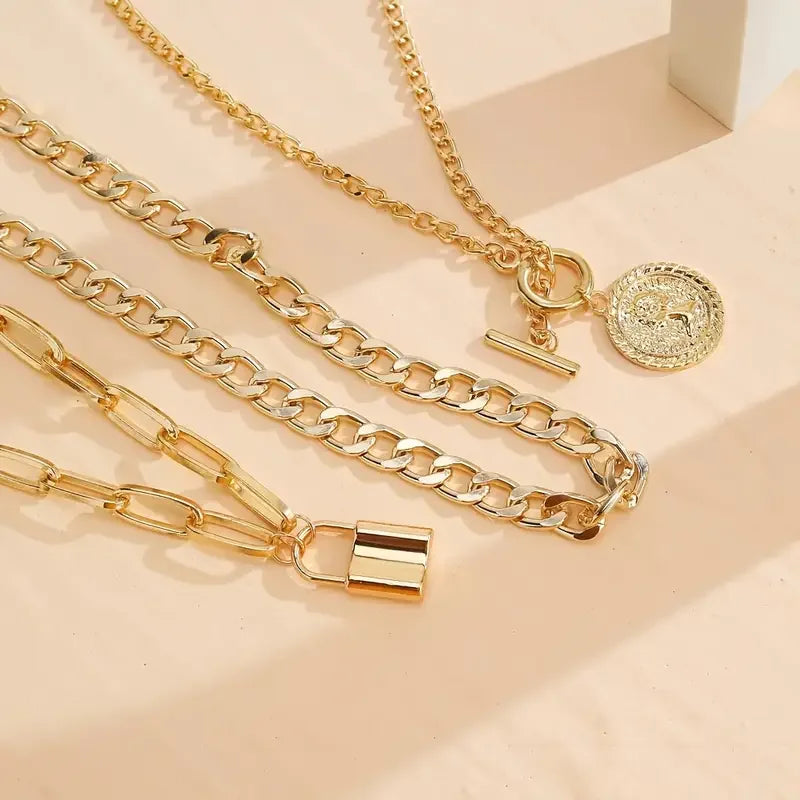 3 Pcs Vintage Gold Embossed Lock Necklace Set