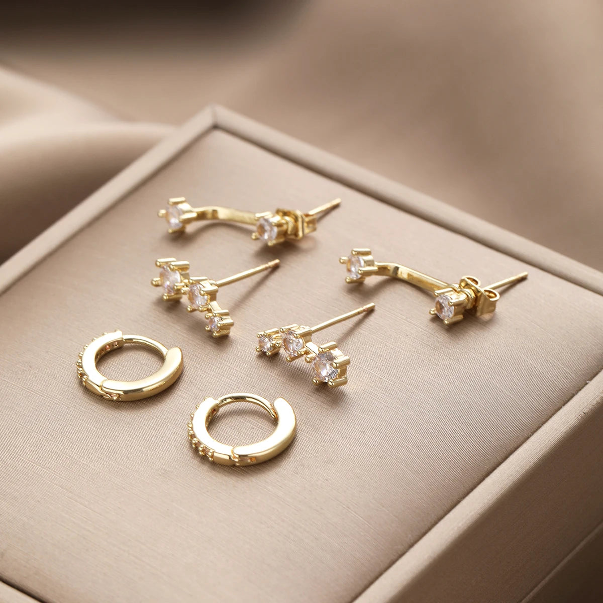 Minimalist Exquisite Gold Color Zircon Stud Earrings Set, 3 Pcs/Set