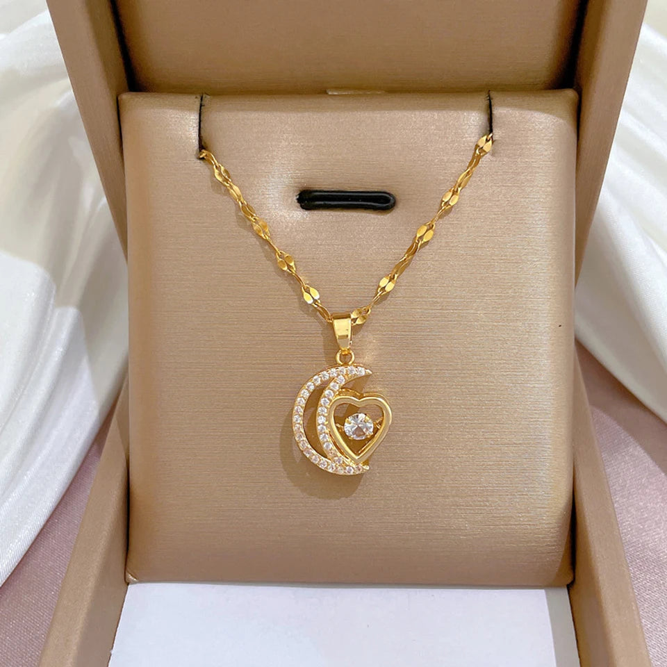 Classic Gold-Color Stainless Steel Shiny Zircon Geometric Heart Pendant Necklace