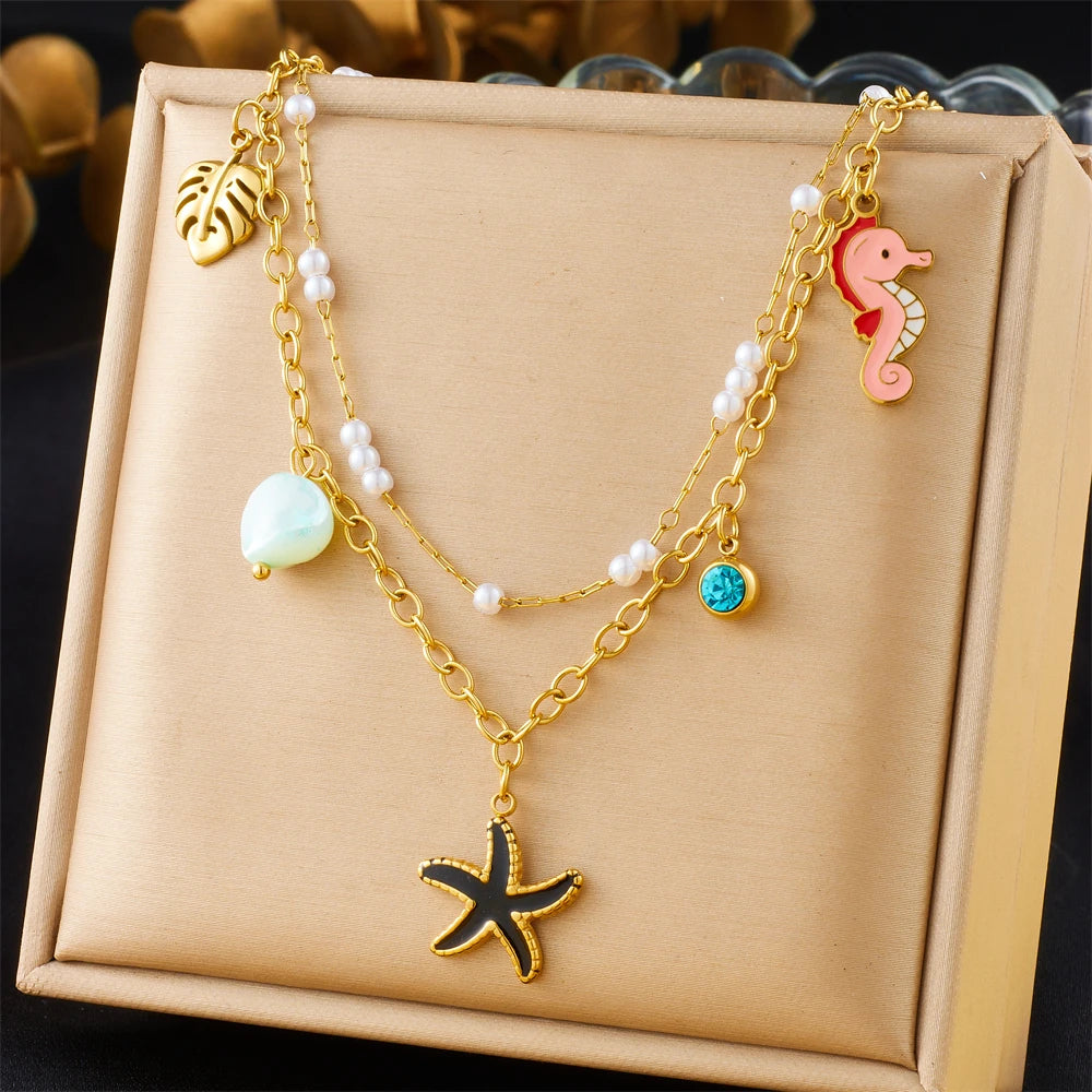 DIEYURO 316L Stainless Steel Golden Heart Sun Multiple Pendants Necklace Women New Fashion Marine Style Neck Chain Jewelry Gift