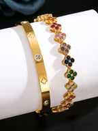 2PCS French Delicate Lucky Clover Stainless Steel Zircon Bracelet
