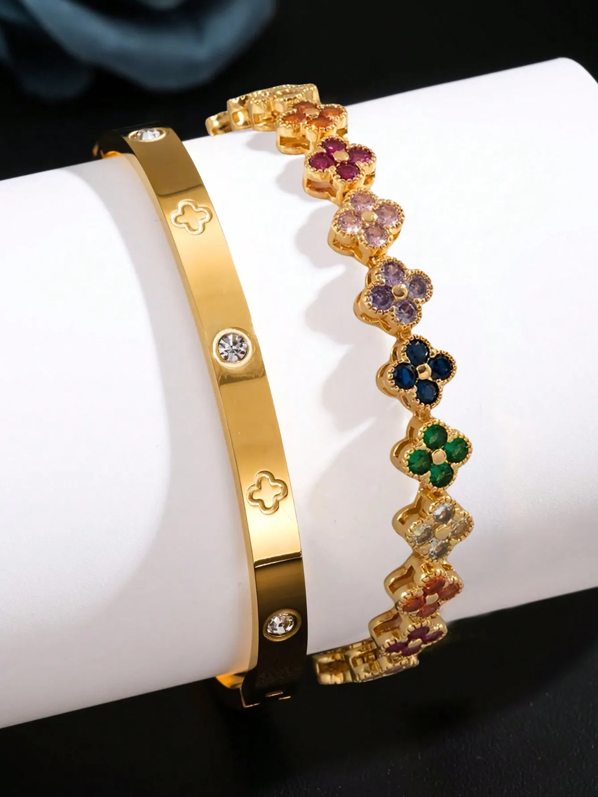 2PCS French Delicate Lucky Clover Stainless Steel Zircon Bracelet