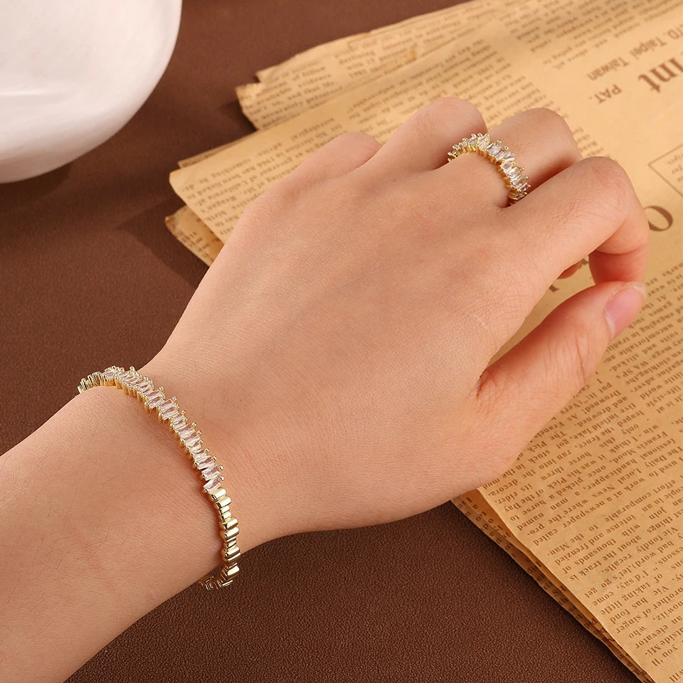Classic Colorful Baguette Zircon Engagement Bangle Ring