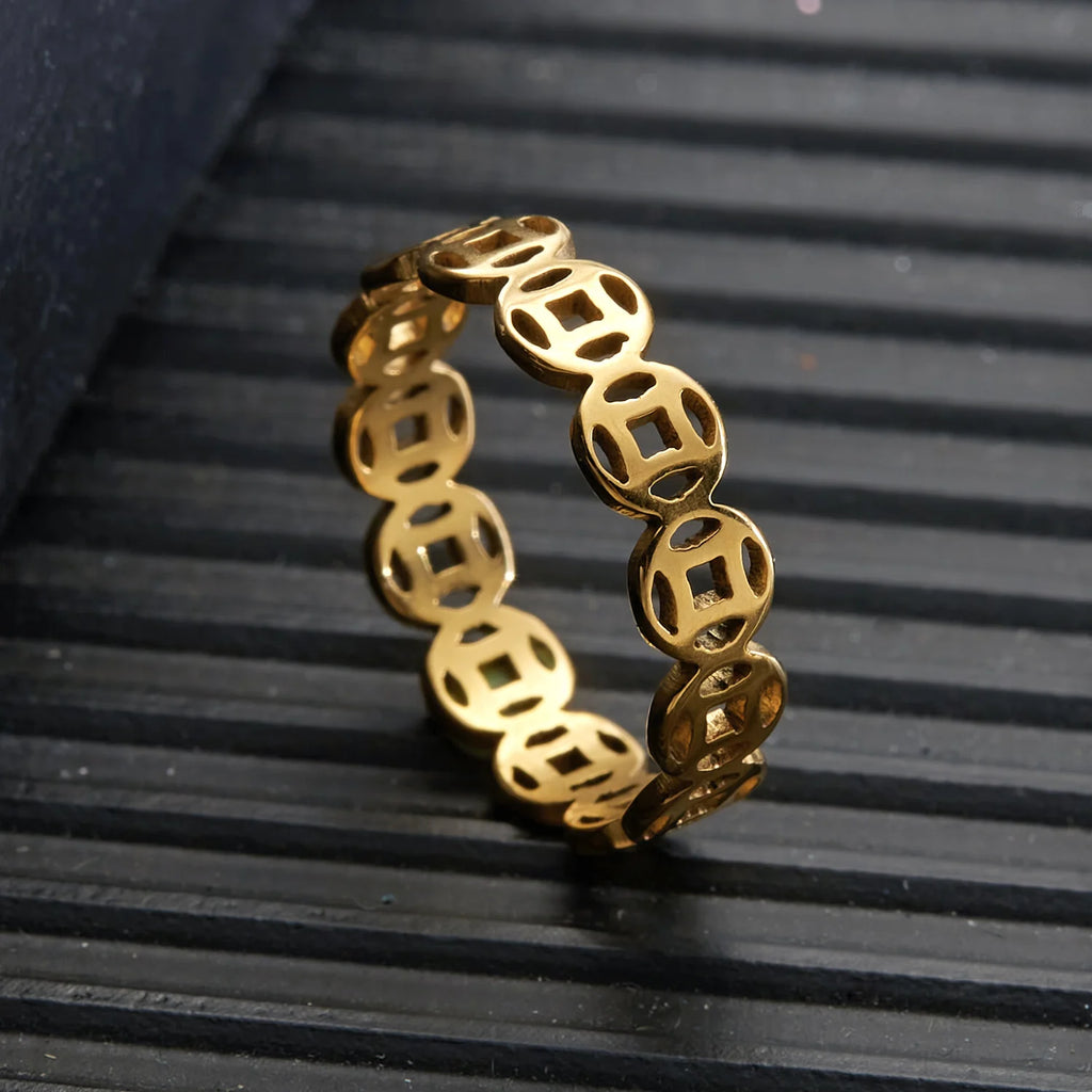Light Luxury Adjustable Stainless Steel Coin & Chain Open Ring