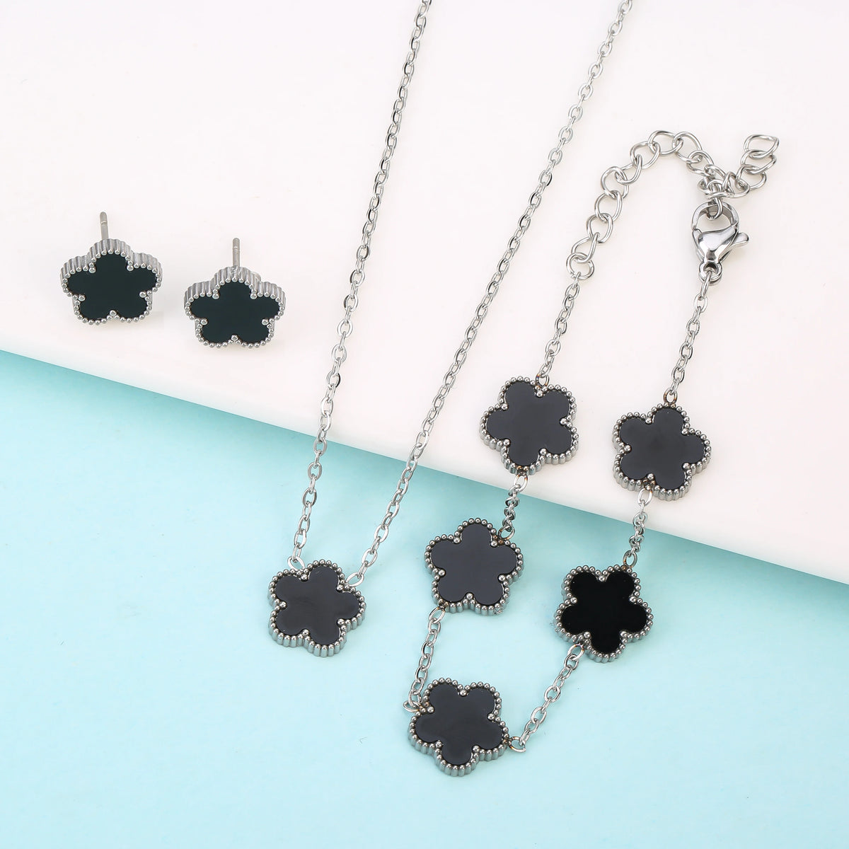 Silver/Gold Plated New Stainless Steel Jewelry Set Plum Blossom Five Leaf Flower Women's High Quality Accessories Clover