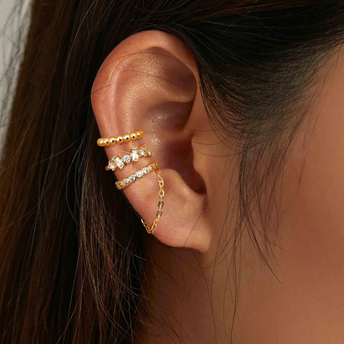 Dainty Zircon Gold-Plated Chain Ear Cuff Set, 3 Pcs/Set
