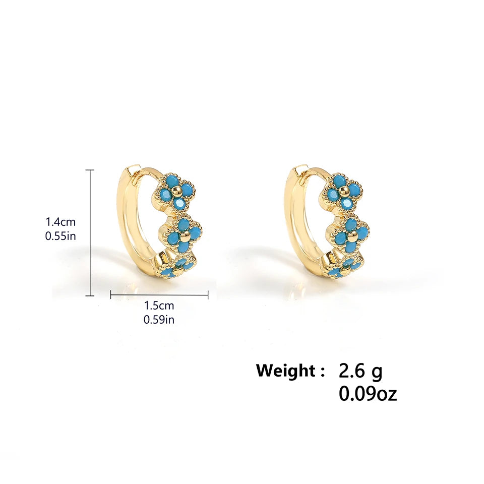 New Classic Turquoise Flower & Blue Four-Leaf Clover Hoop Earrings