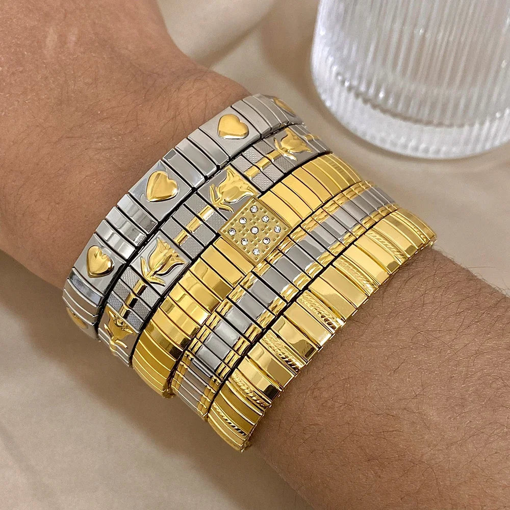 Waterproof Stainless Steel Patterned Love Heart & Flower Bangle