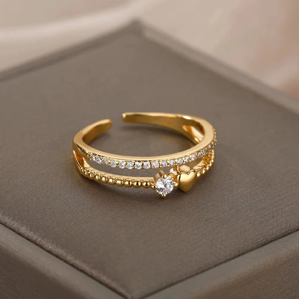 Gold-Plated Stainless Steel Crystal & Geometric Chain Ring