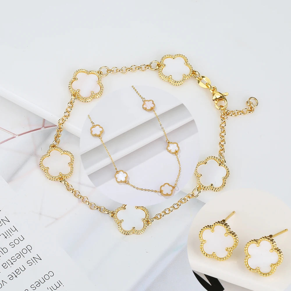 Hot Sale 14 Colors Five-Leaf Flower Set Bracelet Necklace Classic Simple Women Jewelry Set Suitable For Daily Party Wear Clover