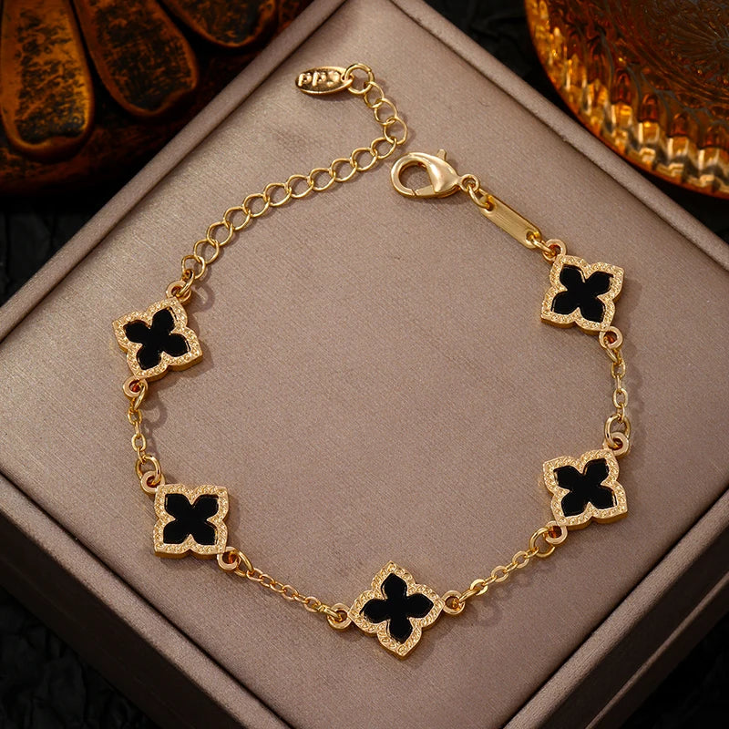 Luxury Vintage Rhinestone Four Leaf Clover Bracelet for Women Girls Fashion Five Leaf Flower Wrist Chain Jewelry Bijoux Gifts