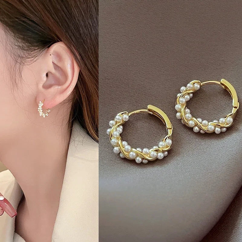 French-Style Minimalist Small Round Imitation Pearl Hoop Earrings