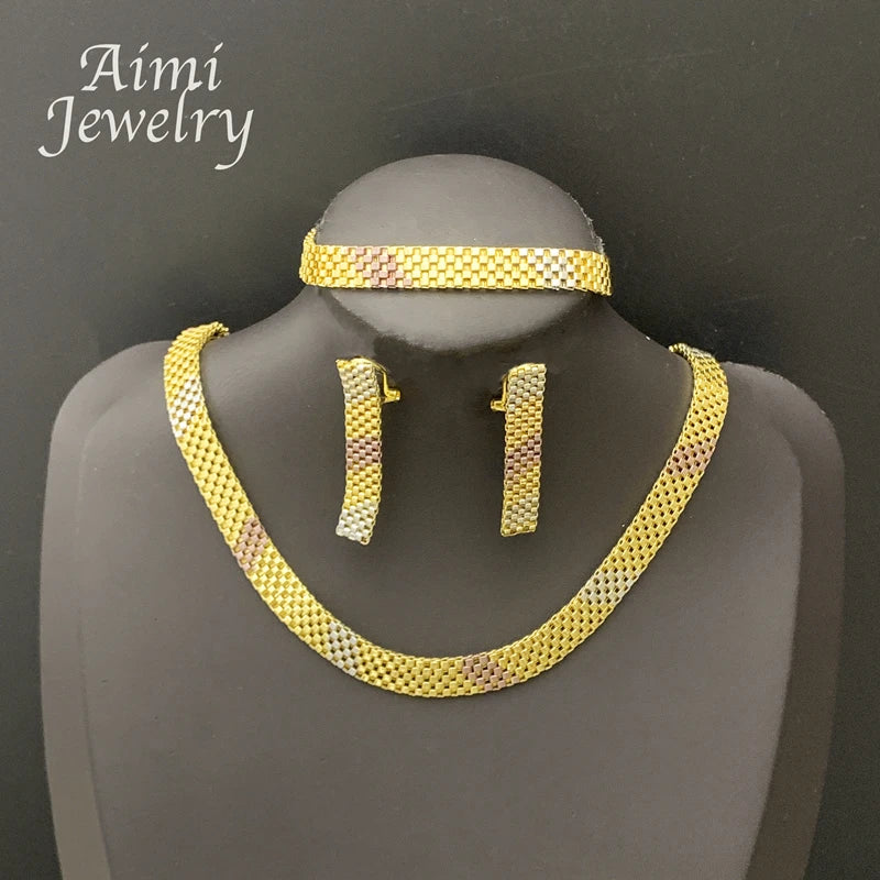 Simple Gold Plated Necklace Earrings Bracelet Jewelry Set for Women Italian Jewellery Set Bridal Wedding African Party Gifts